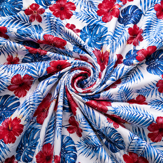 Tropical Hibiscus Polycotton Fabric – 10 Yards | 36 Inches Wide | Red, White & Blue