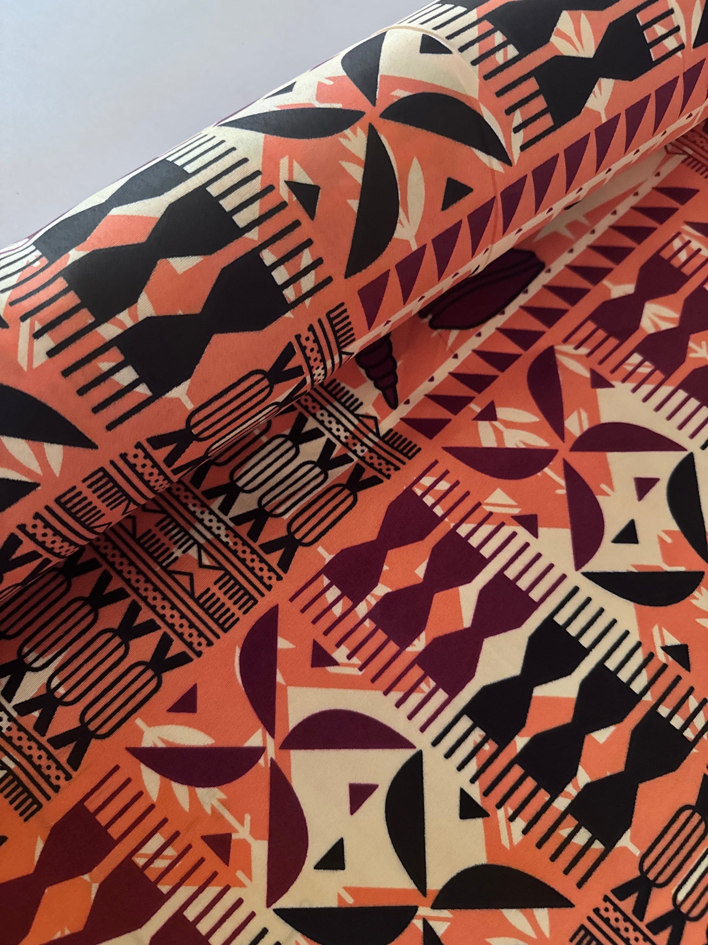 Polynesian Shell Motif Poly cotton Fabric – Hot Pink & Yellow, Emerald Green, Sunset Orange, Ocean Blue | 10 Metres, 36 Inches Wide