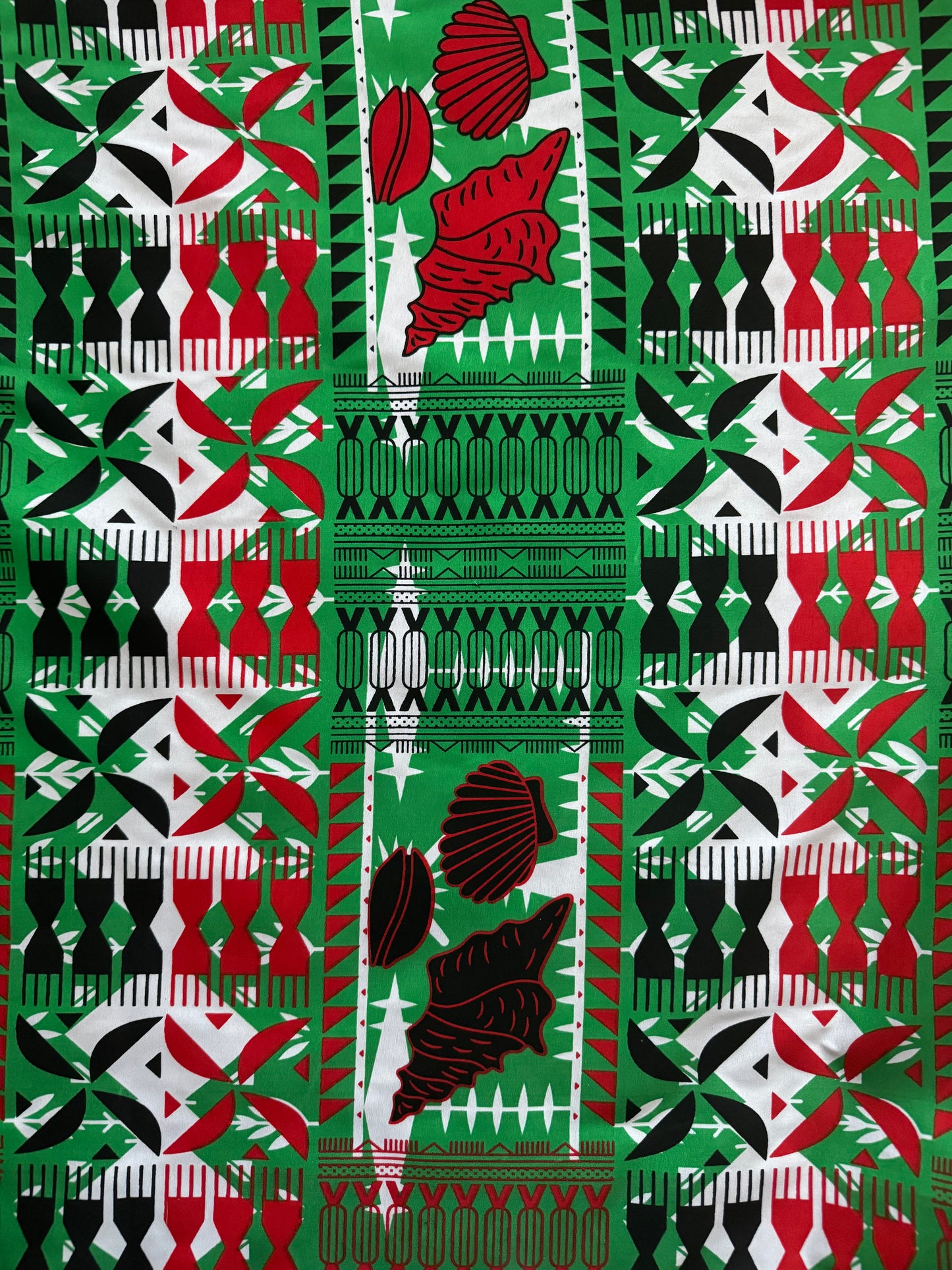 Polynesian Shell Motif Poly cotton Fabric – Hot Pink & Yellow, Emerald Green, Sunset Orange, Ocean Blue | 10 Metres, 36 Inches Wide