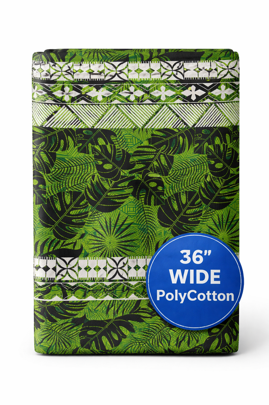 Monstera Leaves with Traditional Pasifika Border – 36” Polycotton Fakawela Pack (10m)