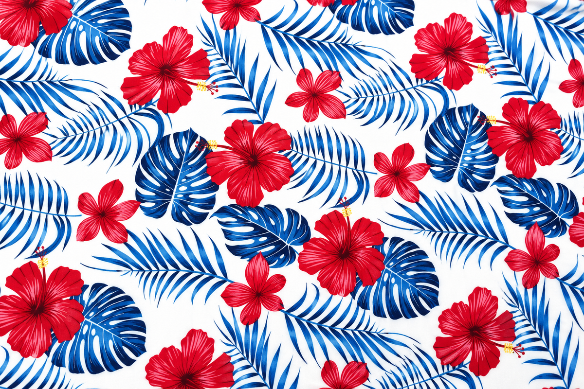 Tropical Hibiscus Polycotton Fabric – 10 Yards | 36 Inches Wide | Red, White & Blue