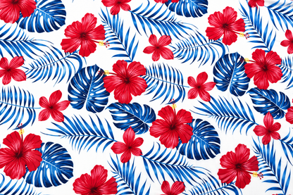 Tropical Hibiscus Polycotton Fabric – 10 Yards | 36 Inches Wide | Red, White & Blue