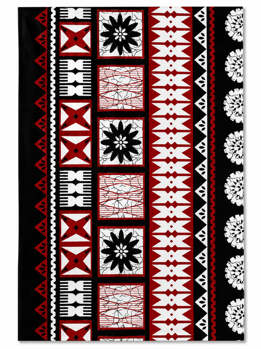 Fijian Masi Print Fabric – Red, Black & White | 10 Yard Pack – 36” Wide