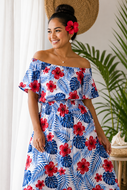 Tropical Hibiscus Polycotton Fabric – 10 Yards | 36 Inches Wide | Red, White & Blue