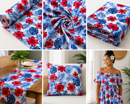 Tropical Hibiscus Polycotton Fabric – 10 Yards | 36 Inches Wide | Red, White & Blue
