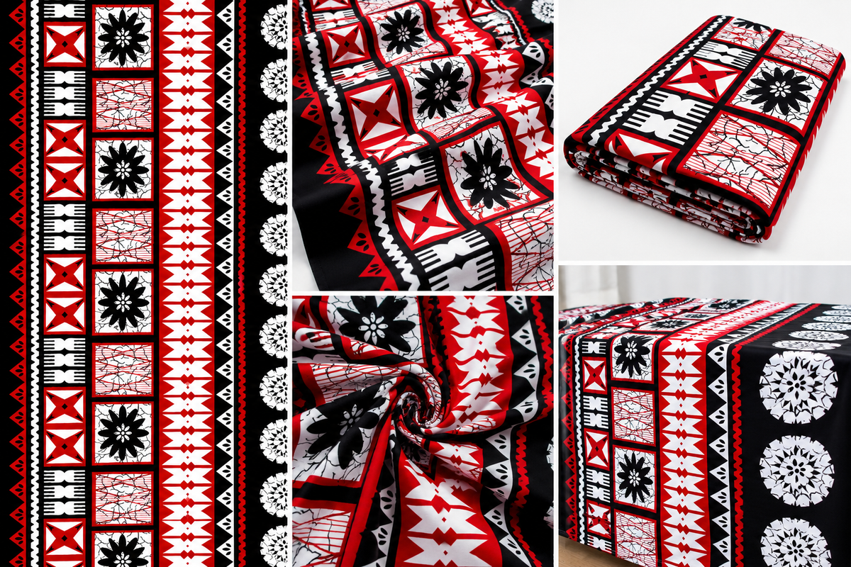 Fijian Masi Print Fabric – Red, Black & White | 10 Yard Pack – 36” Wide
