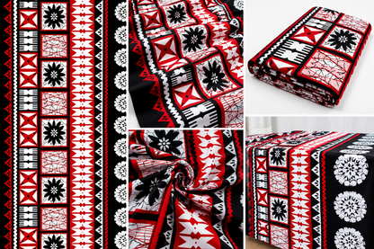 Fijian Masi Print Fabric – Red, Black & White | 10 Yard Pack – 36” Wide
