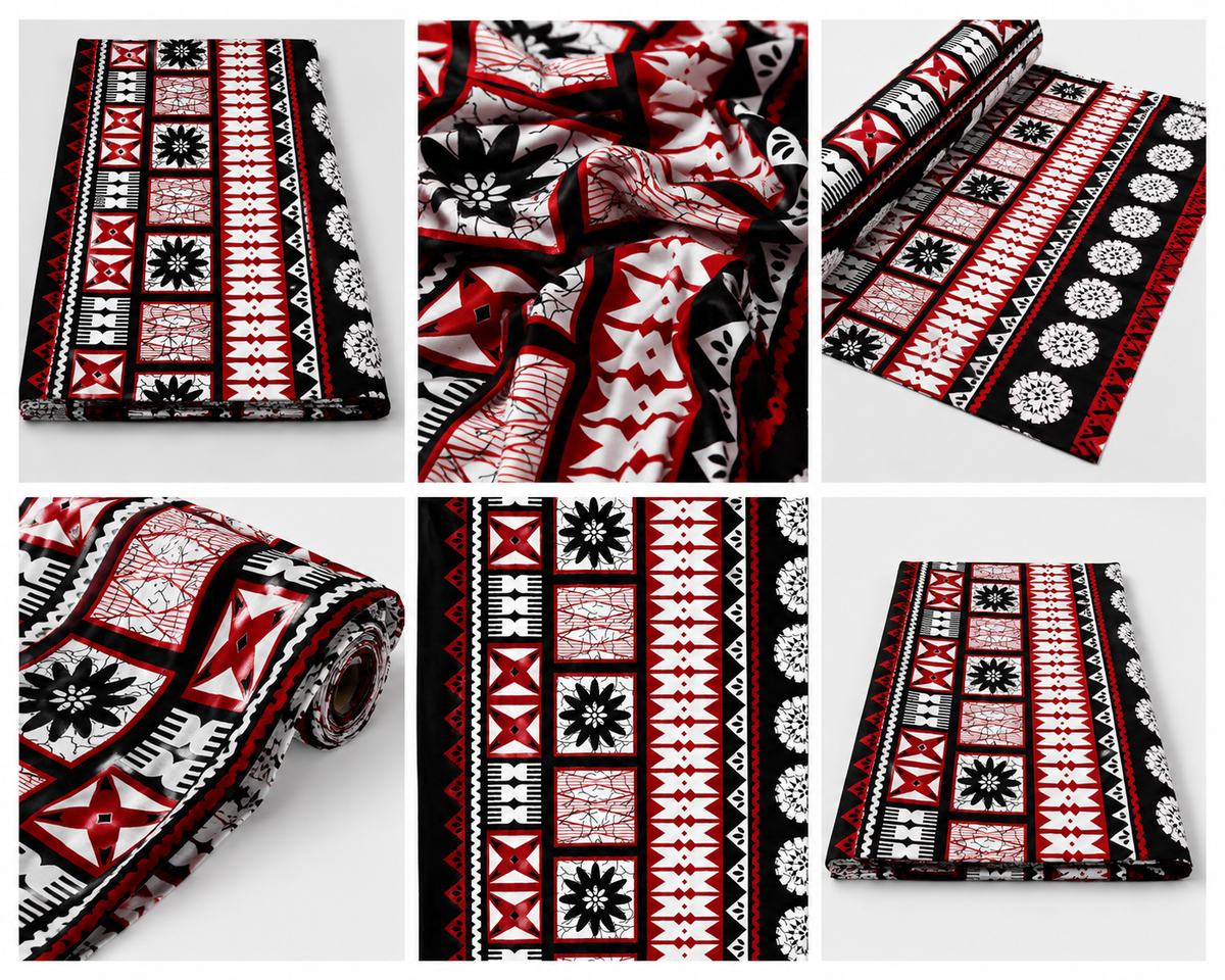 Fijian Masi Print Fabric – Red, Black & White | 10 Yard Pack – 36” Wide