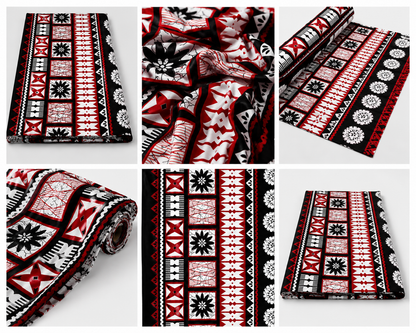 Fijian Masi Print Fabric – Red, Black & White | 10 Yard Pack – 36” Wide