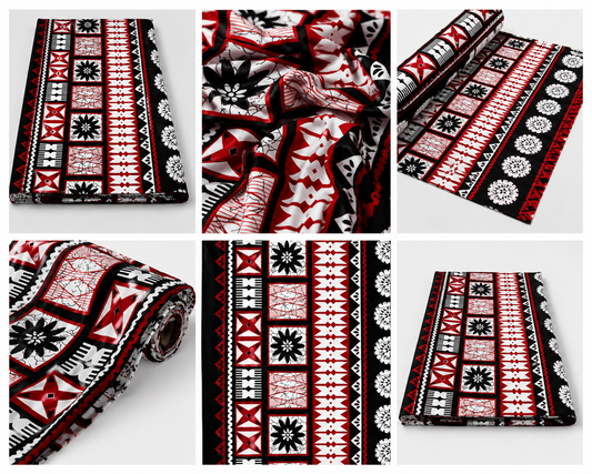 Fijian Masi Print Fabric – Red, Black & White | 10 Yard Pack – 36” Wide