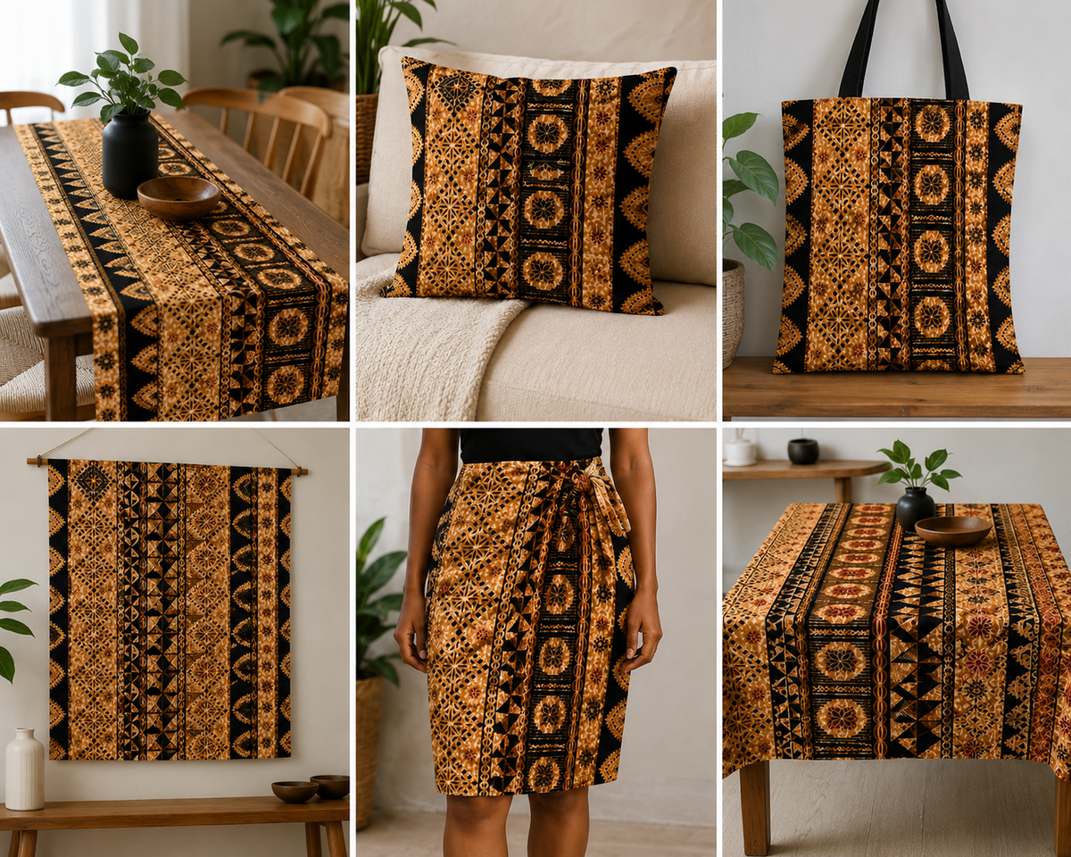 Fiji Masi Print - Black and Tan 36” Wide Polycotton Fabric | 10 yards