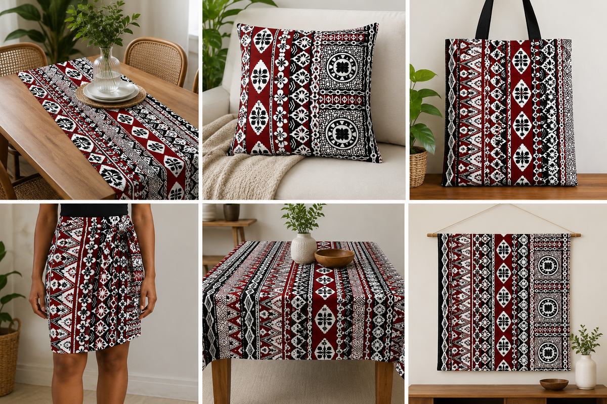 Viti Rouge – Red, Black & White Masi Print Polycotton Fabric | 36 Inches Wide × 10 Yards