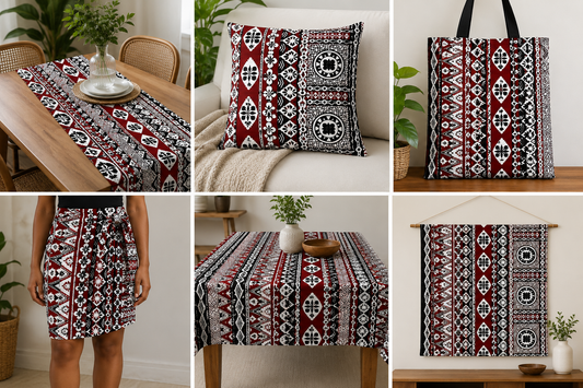 Viti Rouge – Red, Black & White Masi Print Polycotton Fabric | 36 Inches Wide × 10 Yards