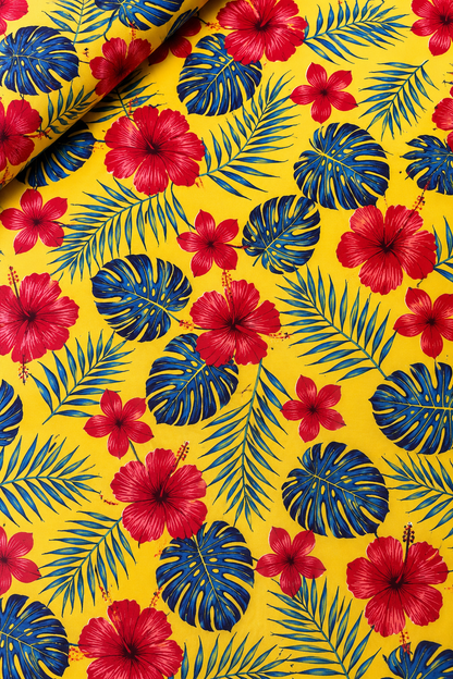 Tropical Hibiscus Polycotton Fabric – 10 Yards | 36 Inches Wide | Red, White & Blue