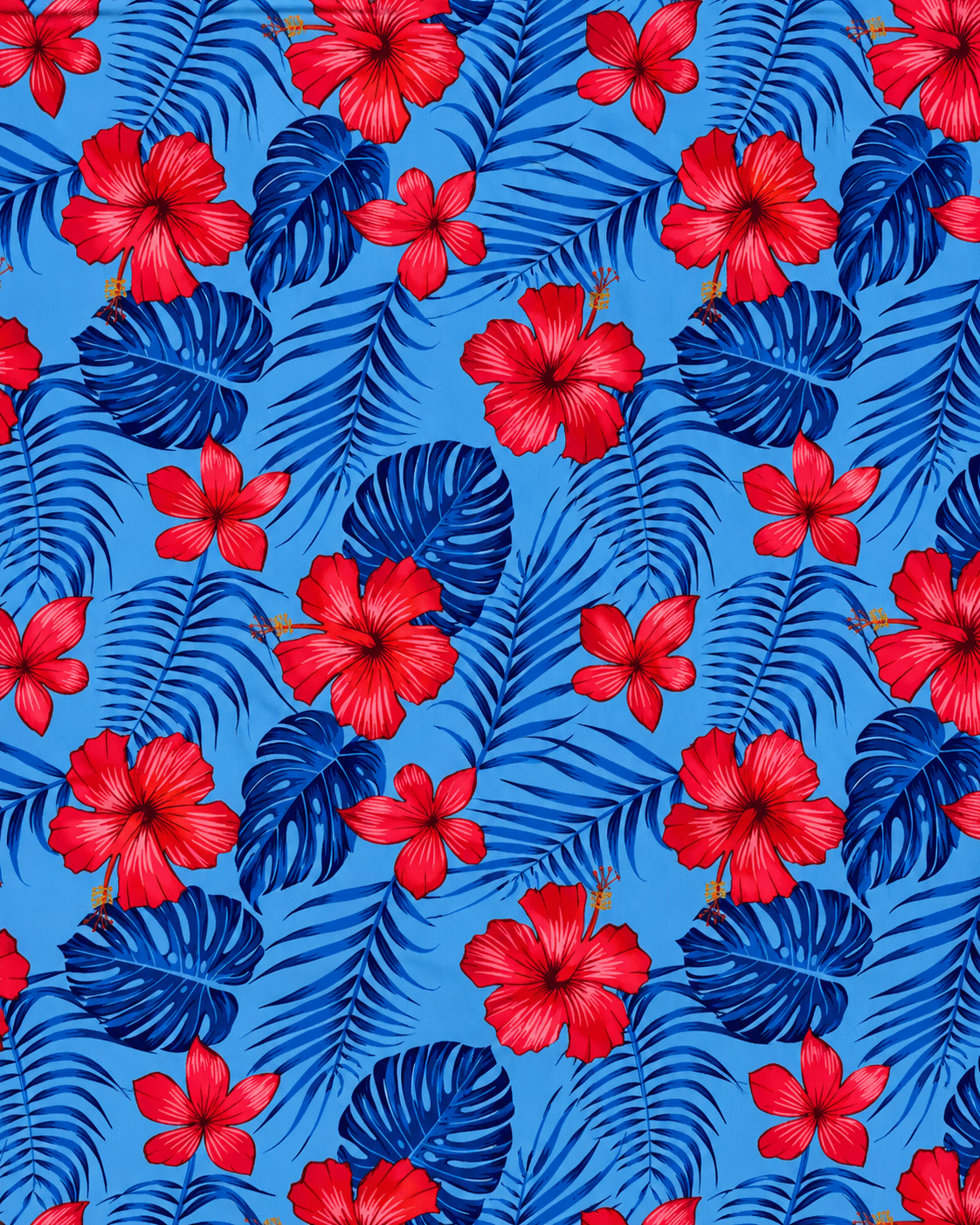 Tropical Hibiscus Polycotton Fabric – 10 Yards | 36 Inches Wide | Red, White & Blue