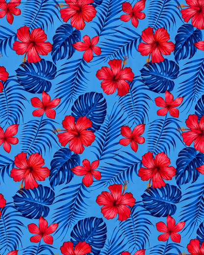 Tropical Hibiscus Polycotton Fabric – 10 Yards | 36 Inches Wide | Red, White & Blue