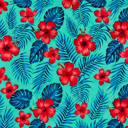 Tropical Hibiscus Polycotton Fabric – 10 Yards | 36 Inches Wide | Red, White & Blue