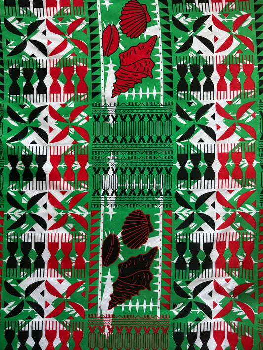 Polynesian Shell Motif Poly cotton Fabric – Hot Pink & Yellow, Emerald Green, Sunset Orange, Ocean Blue | 10 Metres, 36 Inches Wide