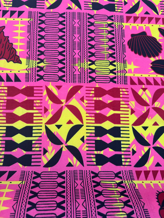 Polynesian Shell Motif Poly cotton Fabric – Hot Pink & Yellow, Emerald Green, Sunset Orange, Ocean Blue | 10 Metres, 36 Inches Wide
